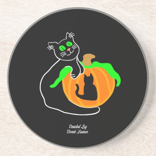 Black Cat Pumpkin Sandstone Coaster (Front)