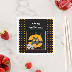 Black Cat Pumpkin Skulls Kids Halloween Napkin