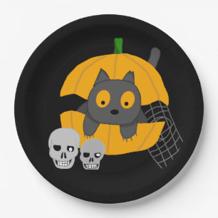 Black Cat Pumpkin Skulls Kids Halloween Paper Plate