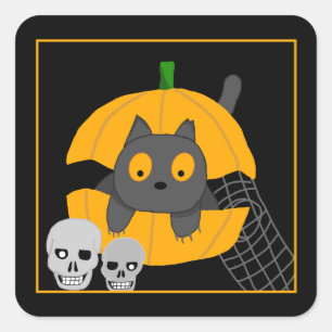 Black Cat Pumpkin Skulls Kids Halloween Square Sti Square Sticker
