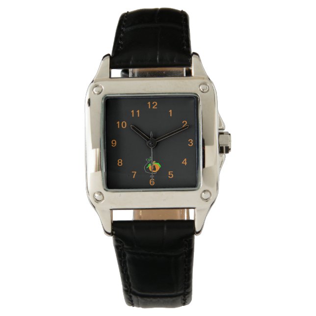 Black Cat Pumpkin Square Leather Strap Watch (Front)