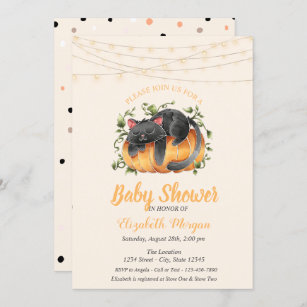 Black Cat,Pumpkin, String Lights,Dots Baby Shower Invitation