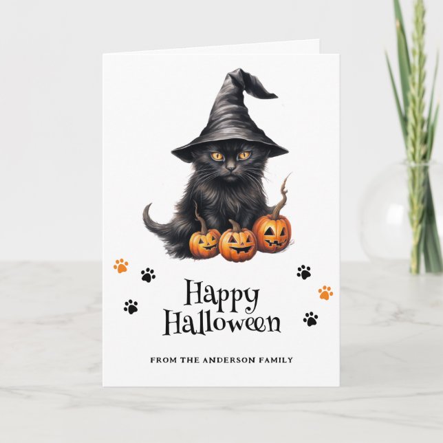 Black Cat Pumpkins Bats Full Moon Photo Halloween Card (Front)