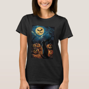 Black Cat Pumpkins Bats Halloween - Starry Night E T-Shirt
