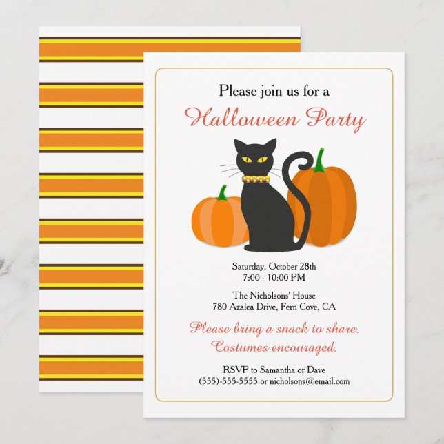 Black Cat & Pumpkins Halloween Party Invitation (Front/Back)