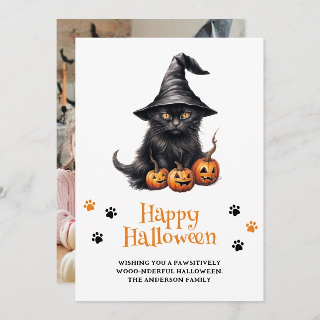 Black Cat Pumpkins Happy Halloween Photo Holiday Card (Front/Back)