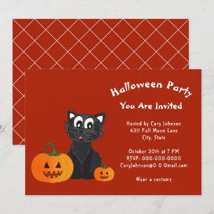 Black Cat Pumpkins Red Orange Halloween Party Invitation