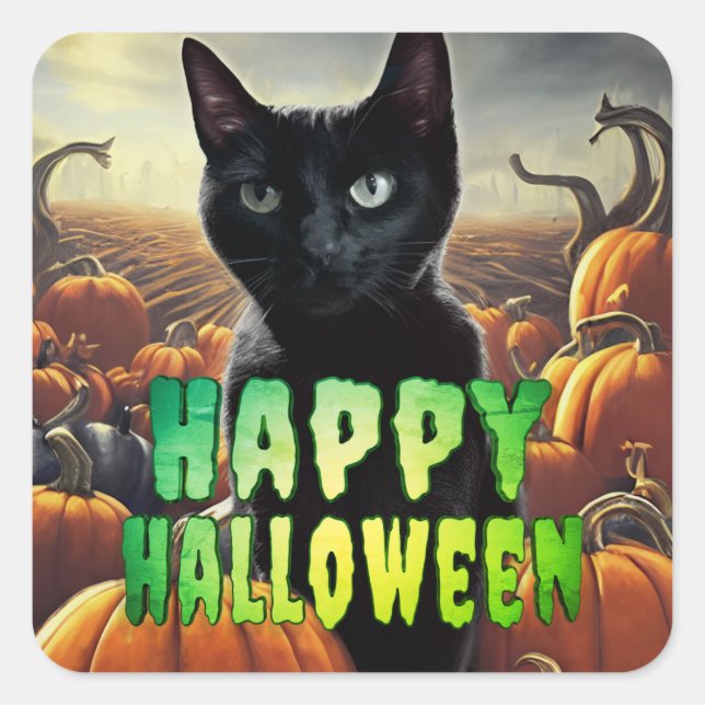 Black Cat & Pumpkins Square Sticker (Front)