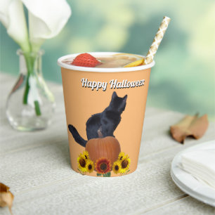 Black Cat Pumpkins Sunflowers Halloween Orange  Paper Cups