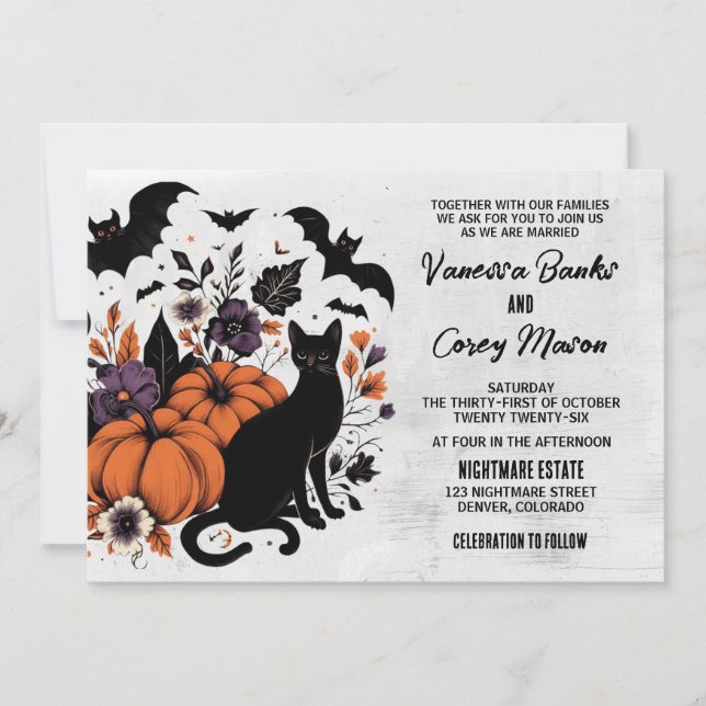Black Cat Pumpkins Wedding Invitation (Front)