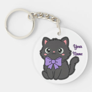 Black Cat Purple Bow Cute Kawaii Custom Key Ring