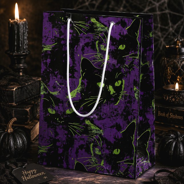 Black Cat Purple Gothic Halloween Medium Gift Bag (Creator Uploaded)
