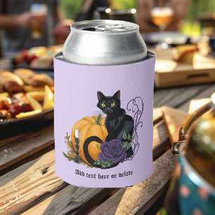 Black Cat Purple Rose Pumpkin Autumn Can Cooler
