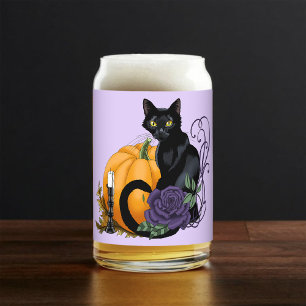 Black Cat Purple Rose Pumpkin Autumn Can Glass