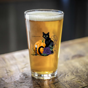 Black Cat Purple Rose Pumpkin Autumn Glass