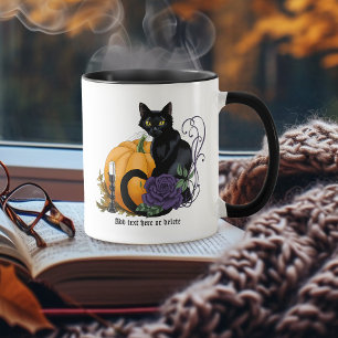 Black Cat Purple Rose Pumpkin Autumn Mug
