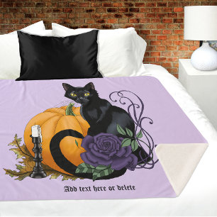 Black Cat Purple Rose Pumpkin Autumn Sherpa Blanket