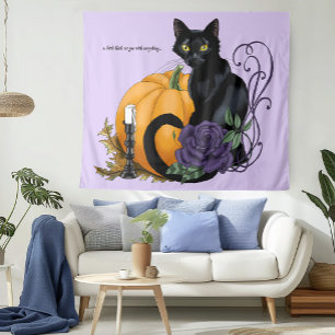 Black Cat Purple Rose Pumpkin Autumn Tapestry
