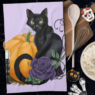 Black Cat Purple Rose Pumpkin Autumn Tea Towel