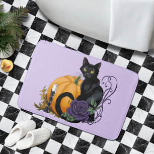  Black Cat Purple Rose Pumpkin Halloween Bath Mat