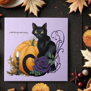 Black Cat Purple Rose Pumpkin Halloween Ceramic Tile