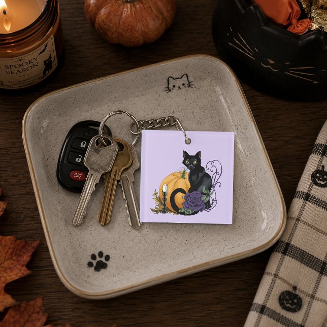 Black Cat Purple Rose Pumpkin Pumpkin Key Ring (Creator Uploaded)