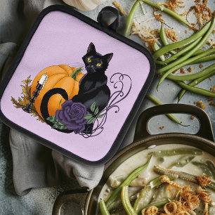 Black Cat Purple Rose Pumpkin Pumpkin Pot Holder