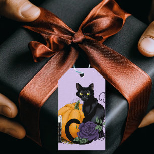 Black Cat Purple Roses Pumpkin Halloween Gift Tags