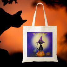 Black Cat purple witch hat pumpkins moon Halloween