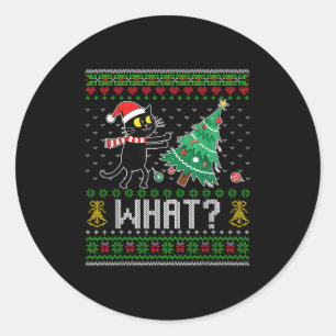 Black Cat Pushing Christmas Tree Cat What Funny Ug Classic Round Sticker