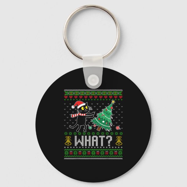 Black Cat Pushing Christmas Tree Cat What Funny Ug Key Ring (Front)