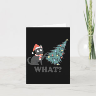 Black Cat Pushing Christmas Tree What Xmas Lights Card