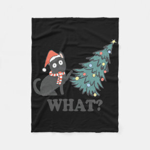 Black Cat Pushing Christmas Tree What Xmas Lights Fleece Blanket