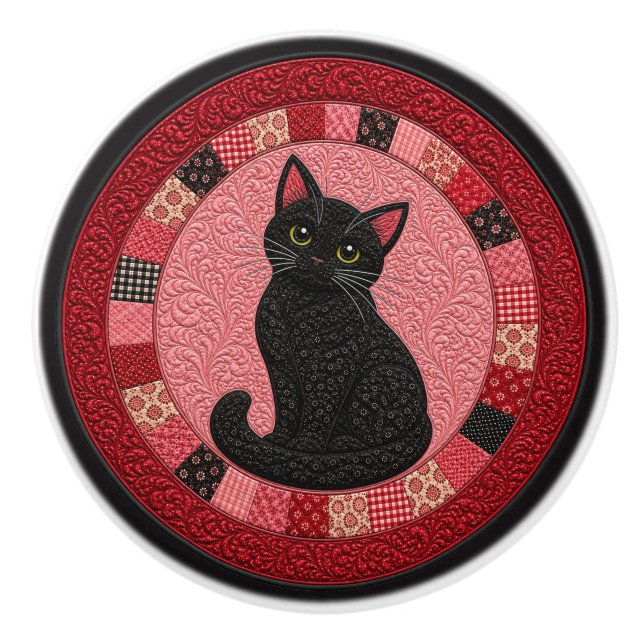 Black Cat Quilt  Ceramic Knob (Front)