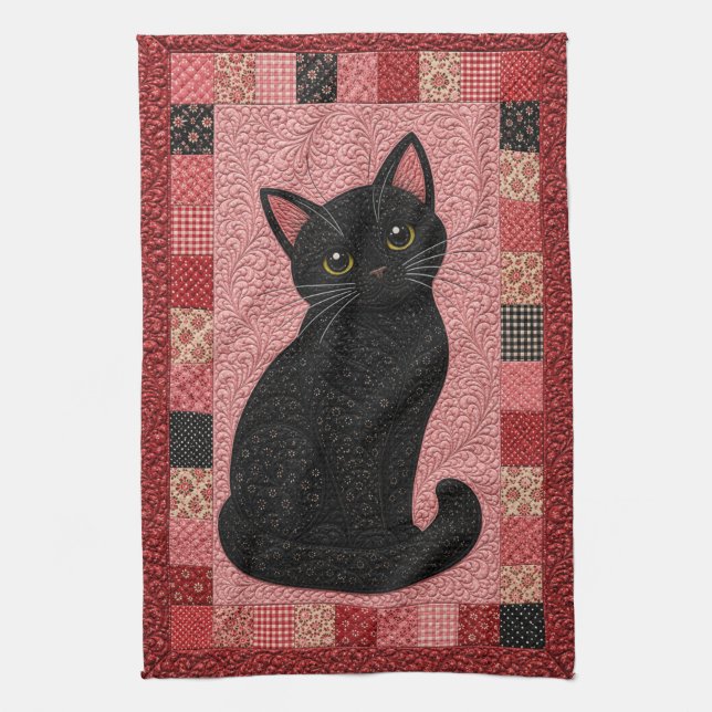 Black Cat Quilt  Tea Towel (Vertical)