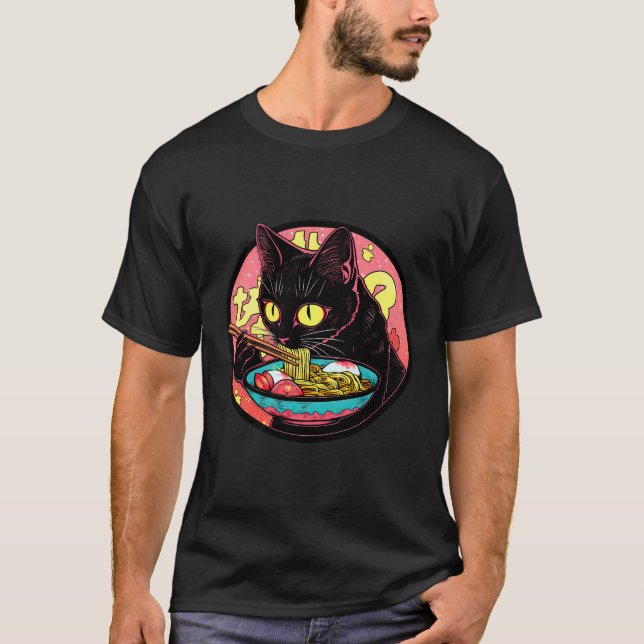 Black Cat Ramen Funny Pet Japanese Food T-Shirt (Front)