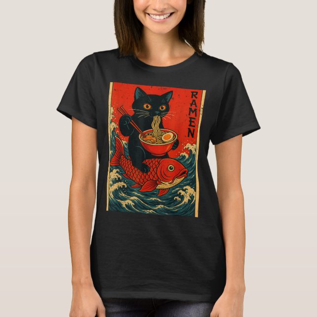 Black Cat Ramen Japanese Graphic Tees For Men Wome (Front)