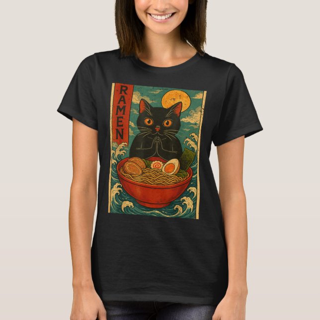 Black Cat Ramen Japanese Graphic Tees For Men Wome (Front)