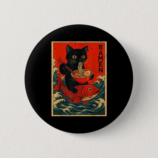 Black Cat Ramen Japanese Graphic Tees For Men Wome 6 Cm Round Badge (Front)