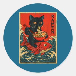 Black Cat Ramen Japanese Graphic Tees For Men Wome Classic Round Sticker