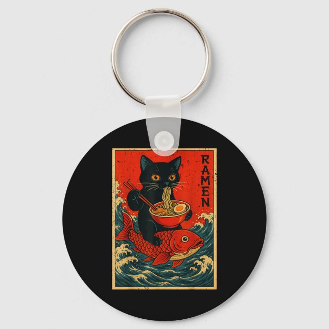Black Cat Ramen Japanese Graphic Tees For Men Wome Key Ring (Front)