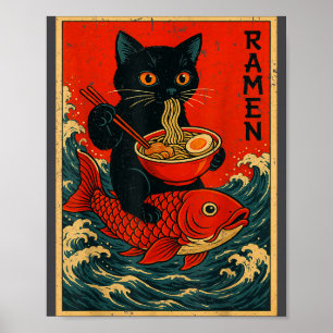 Black Cat Ramen Japanese Graphic Tees For Men Wome Poster