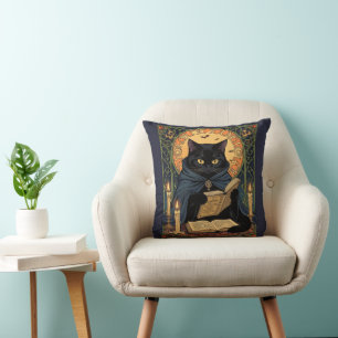 Black Cat Reading A Book Of Solstice Spells Cushion