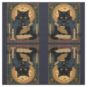 Black Cat Reading A Book Of Solstice Spells Fabric