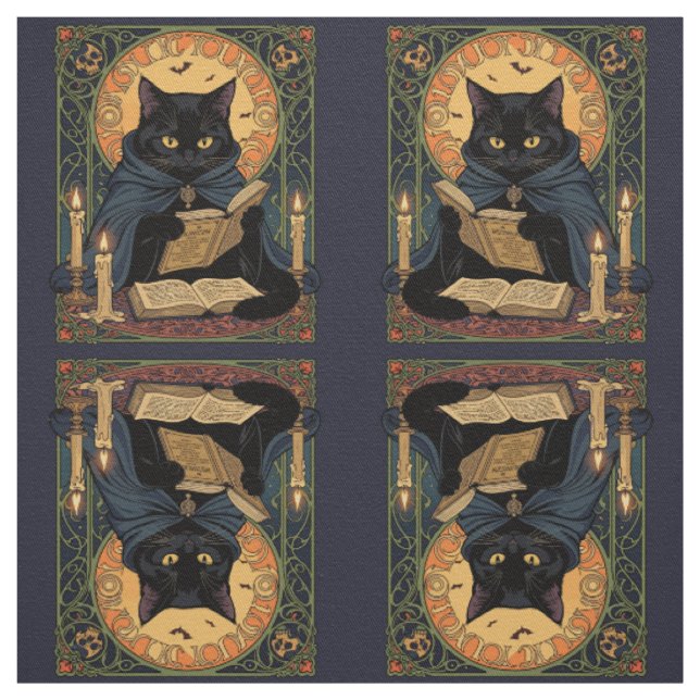Black Cat Reading A Book Of Solstice Spells Fabric (Swatch)