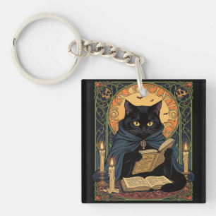 Black Cat Reading A Book Of Solstice Spells Key Ring