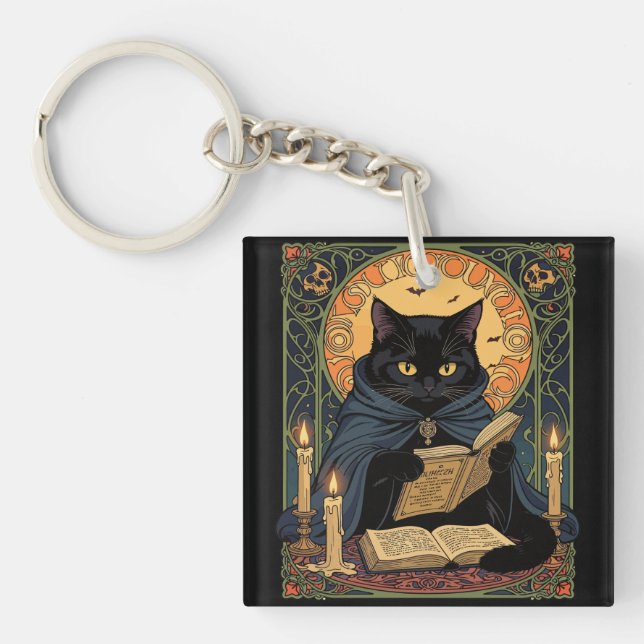 Black Cat Reading A Book Of Solstice Spells Key Ring (Front)