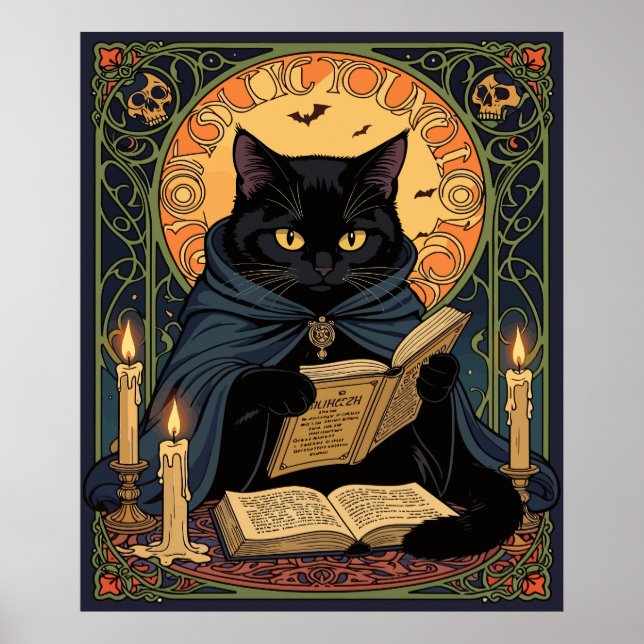 Black Cat Reading A Book Of Solstice Spells Poster (Front)