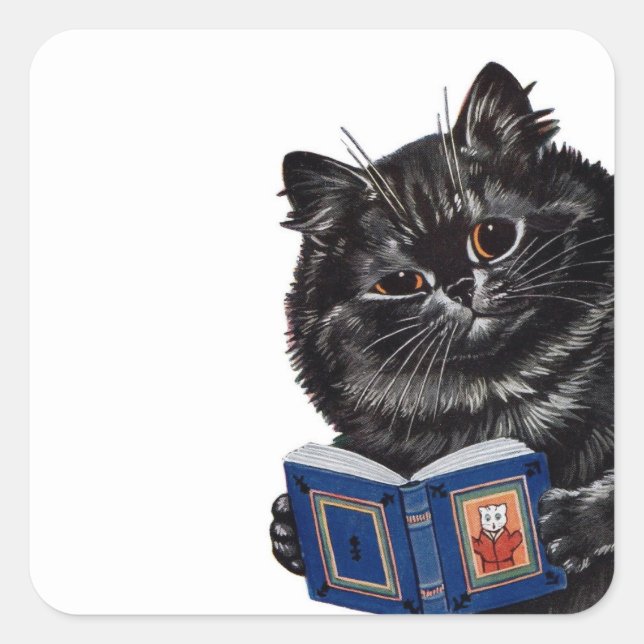 Black Cat Reading Book Painted by Louis Wain Square Sticker (Front)