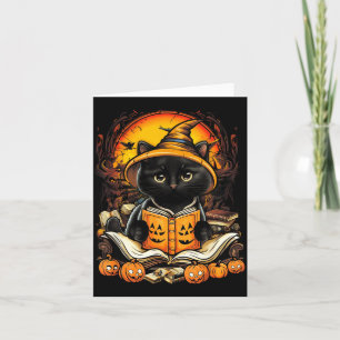 Black Cat Reading Books Pumpkin Autumn Teachers Card
